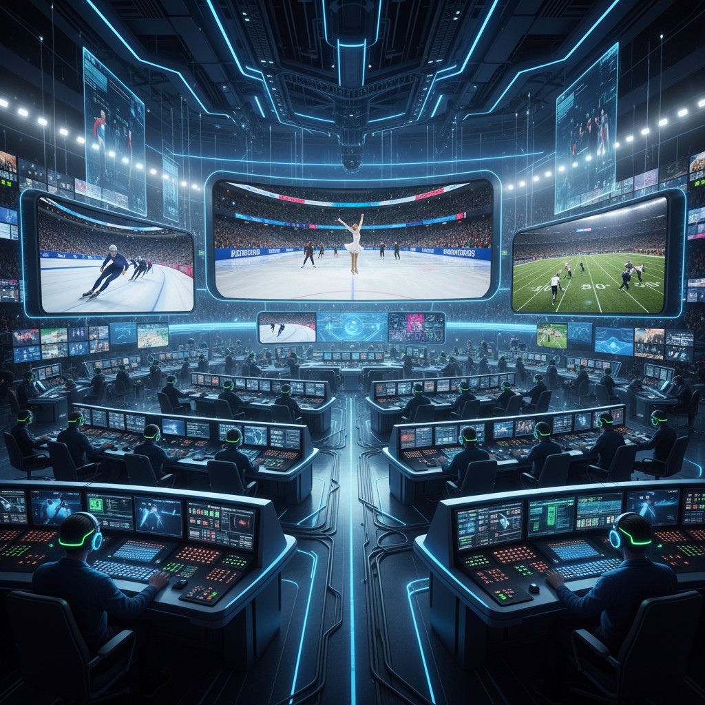 A high-tech control room with multiple screens showcasing live sports broadcasts in 8K, including winter sports and football, reflecting CMG's innovative 2026 coverage.