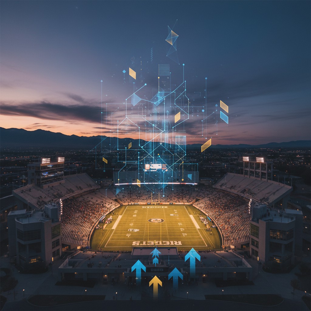 A panoramic view of a university athletic stadium at dusk, symbolizing a new era of financial partnership in college sports.