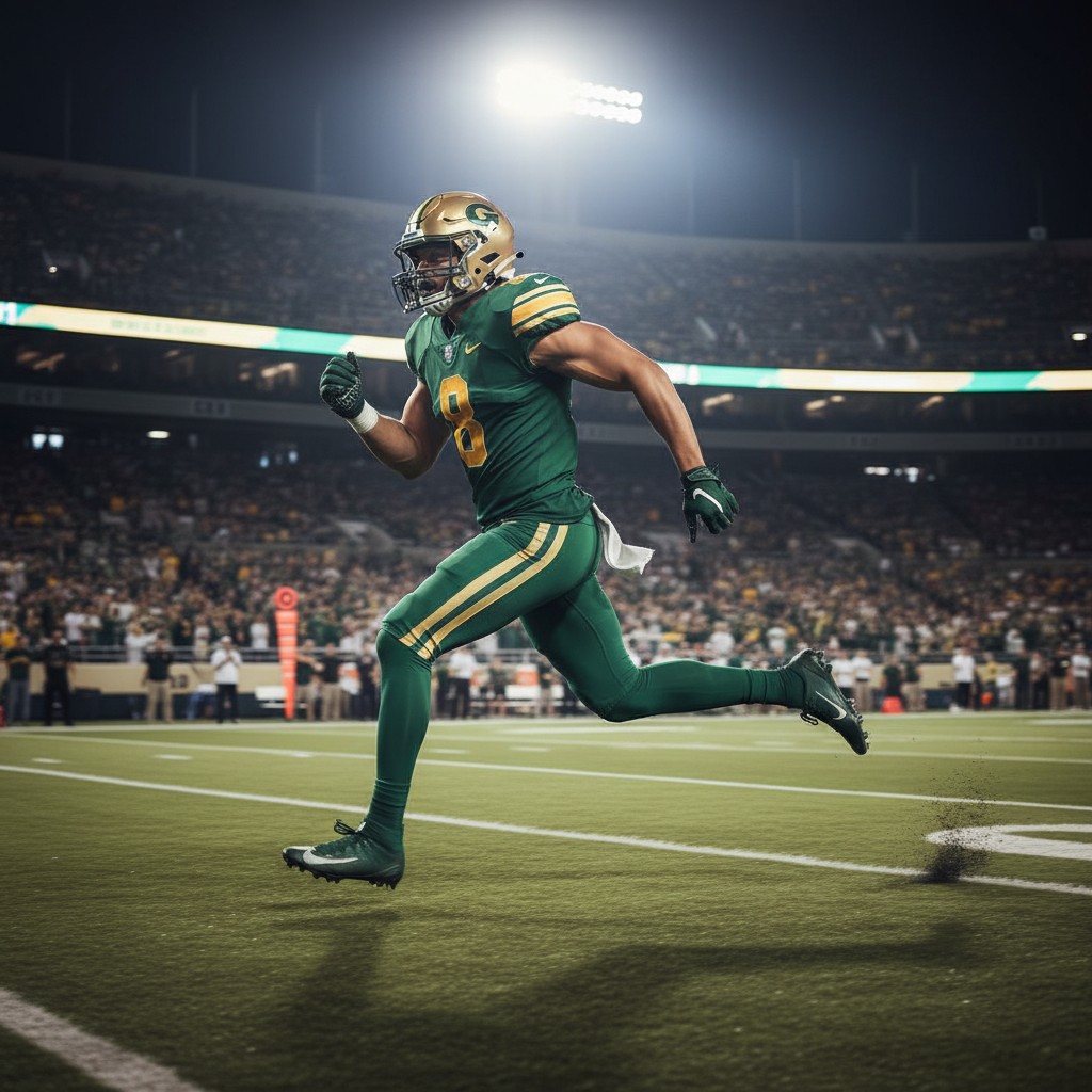 A Green Bay Packers wide receiver sprinting downfield, showcasing incredible speed and agility during a game.