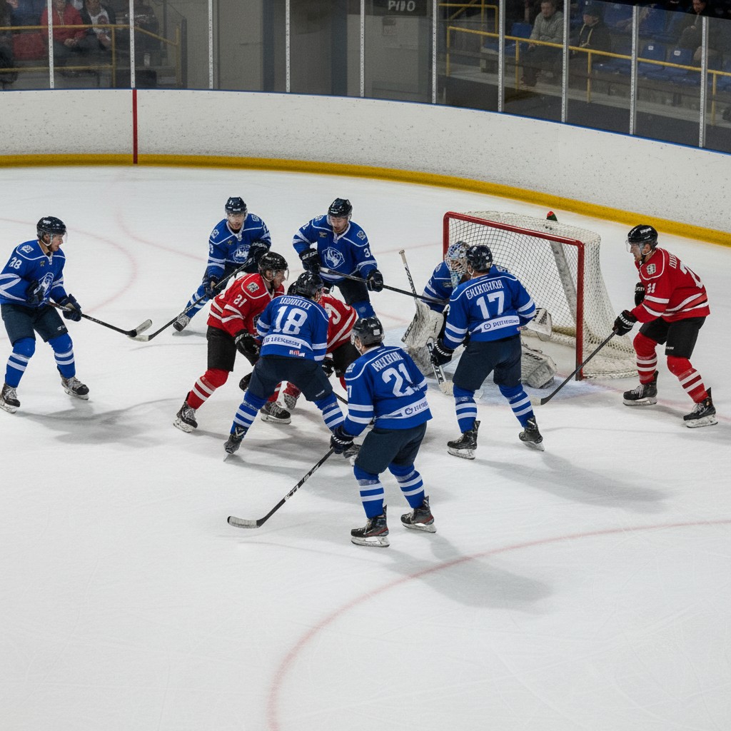 Ice hockey players in blue and red jerseys battling for the puck near the goal during an intense game.