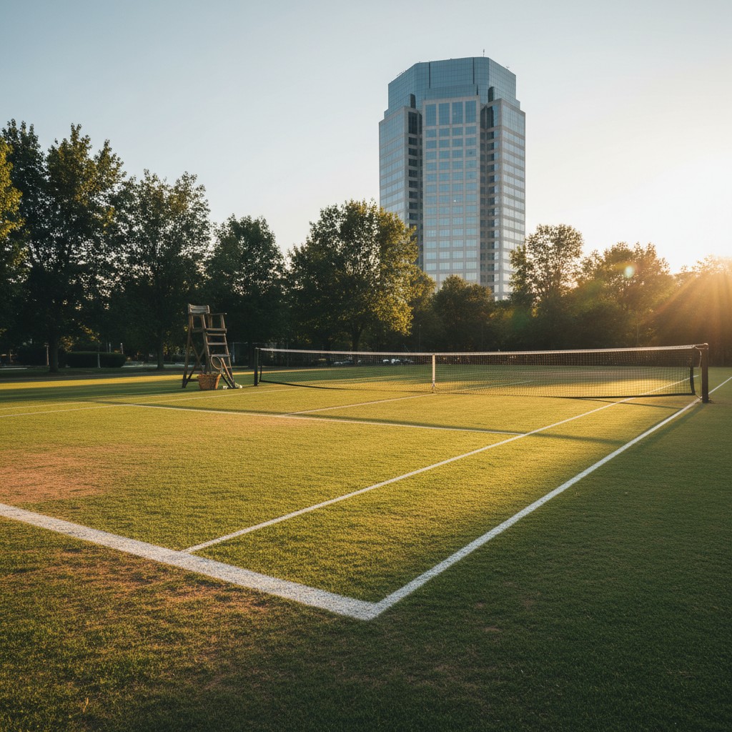 A tennis court transitioning to a modern business setting, symbolizing Billie Jean King and Ilana Kloss's journey from sports to business.