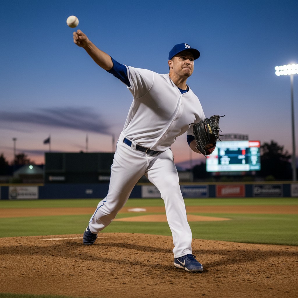 A powerful baseball pitcher delivering a pitch on a brightly lit field, symbolizing the Detroit Tigers' strategic decisions regarding their ace.