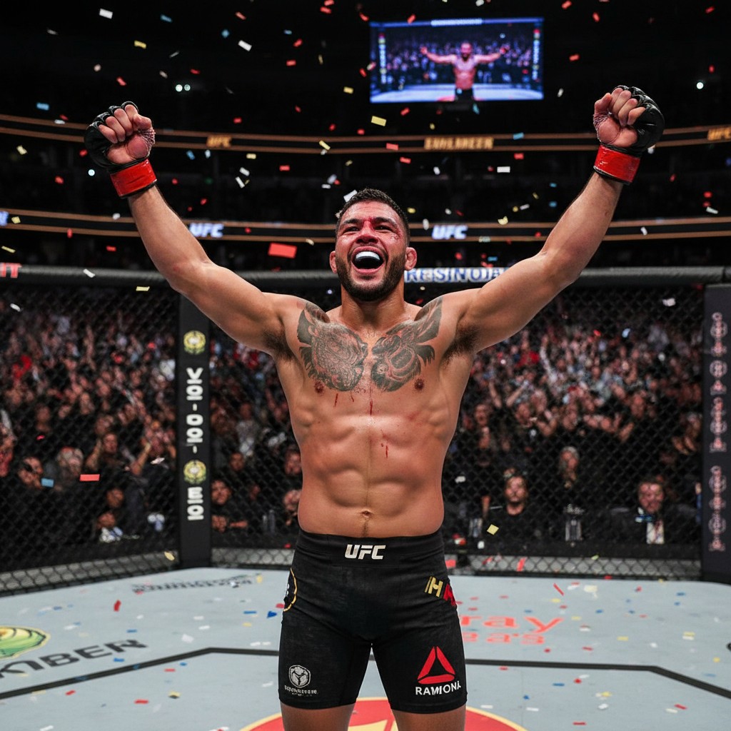UFC fighter celebrating victory in an octagon, illustrating his successful career and business achievements.