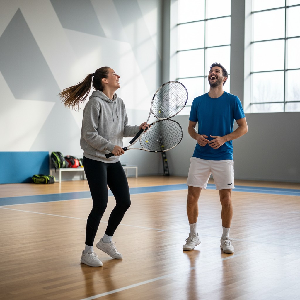 Trinity Rodman playfully dancing with Ben Shelton's tennis rackets, making him laugh in an indoor court setting.