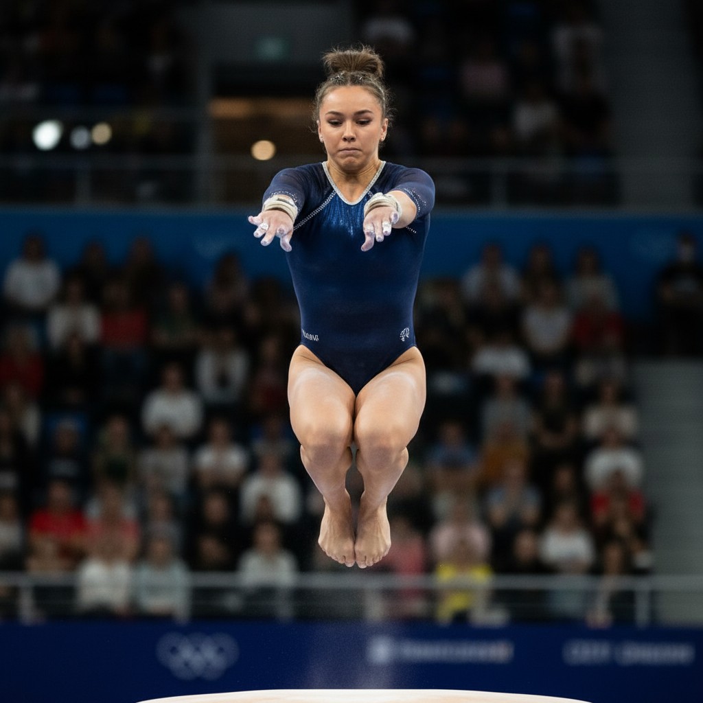 Gymnast in mid-air during a vault, showcasing athletic prowess and focus in a large arena.