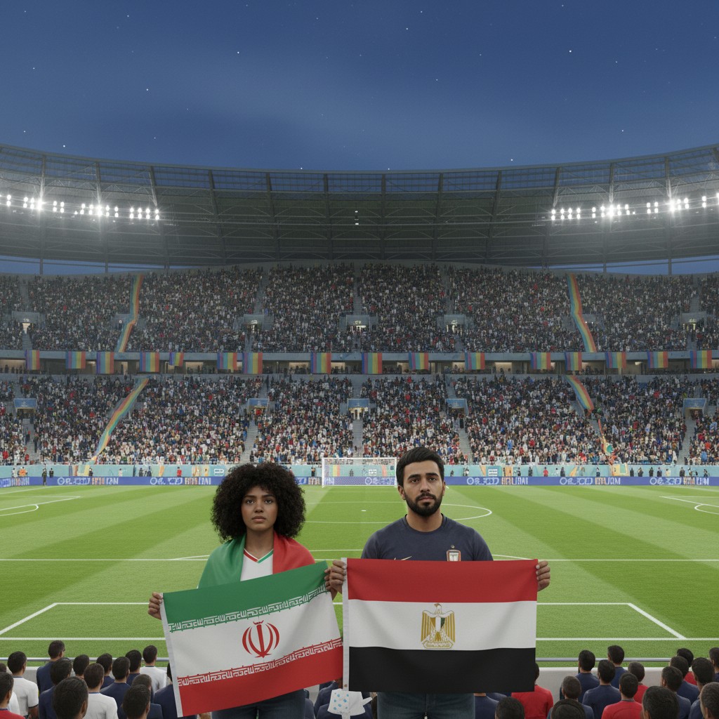 Football stadium scene with diverse fans, subtle rainbow accents, and Iranian and Egyptian flags, reflecting World Cup controversy.
