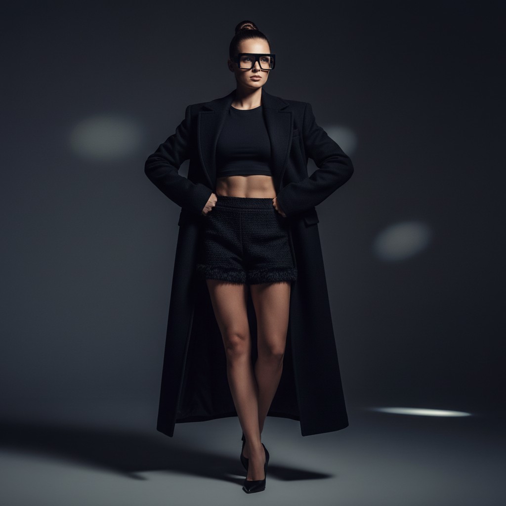 Jordan Chiles in a striking all-black fashion outfit, featuring a structured coat and fur-trimmed shorts.