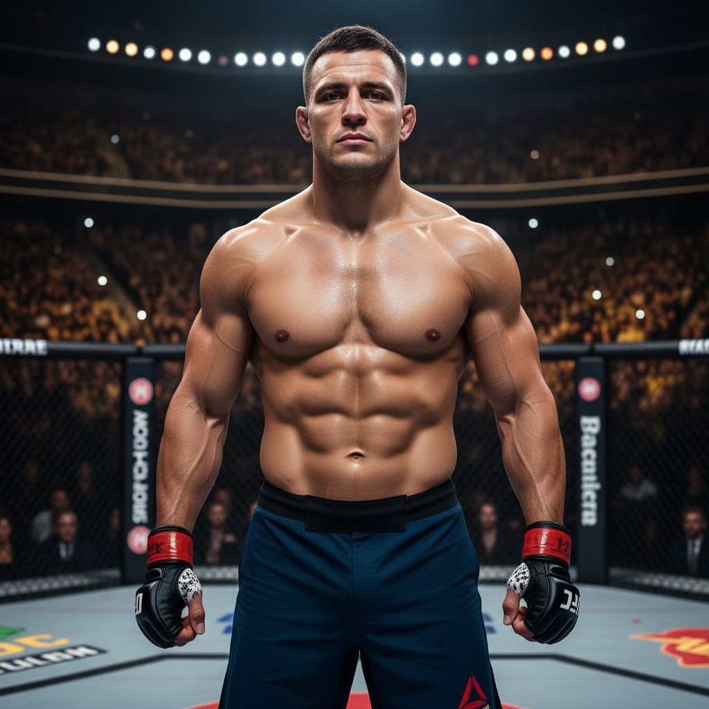 A powerful mixed martial arts fighter stands in an octagon, illustrating the financial success of top athletes.