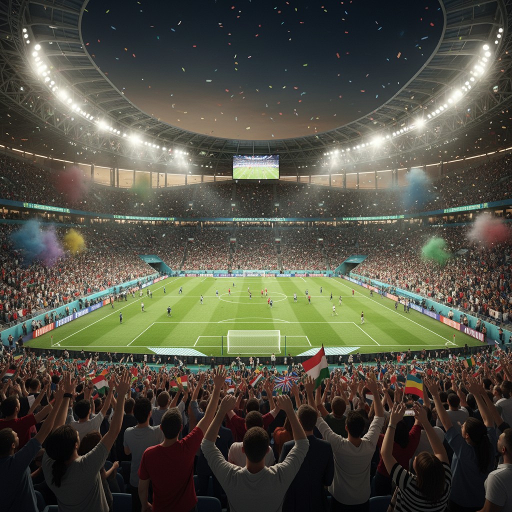 Massive soccer stadium filled with a diverse, cheering crowd during a World Cup final under bright lights, showcasing global excitement.