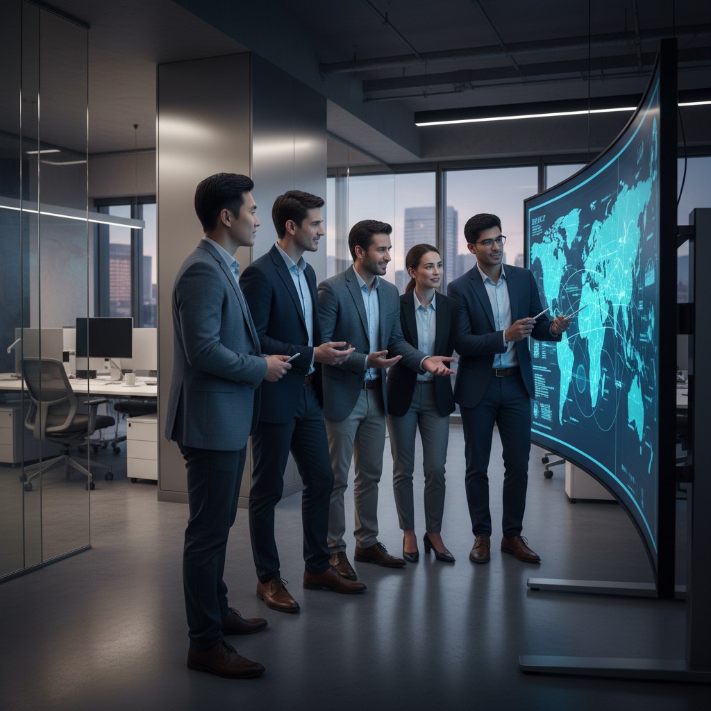 New Sela executives Luke Lloyd-Davies and Ed Hepworth strategizing global expansion in a modern office.