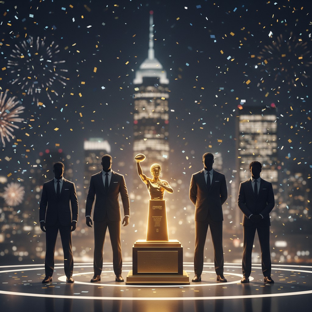Four college football players, appearing as Heisman Trophy finalists, stand on a stage with a large trophy in New York City.