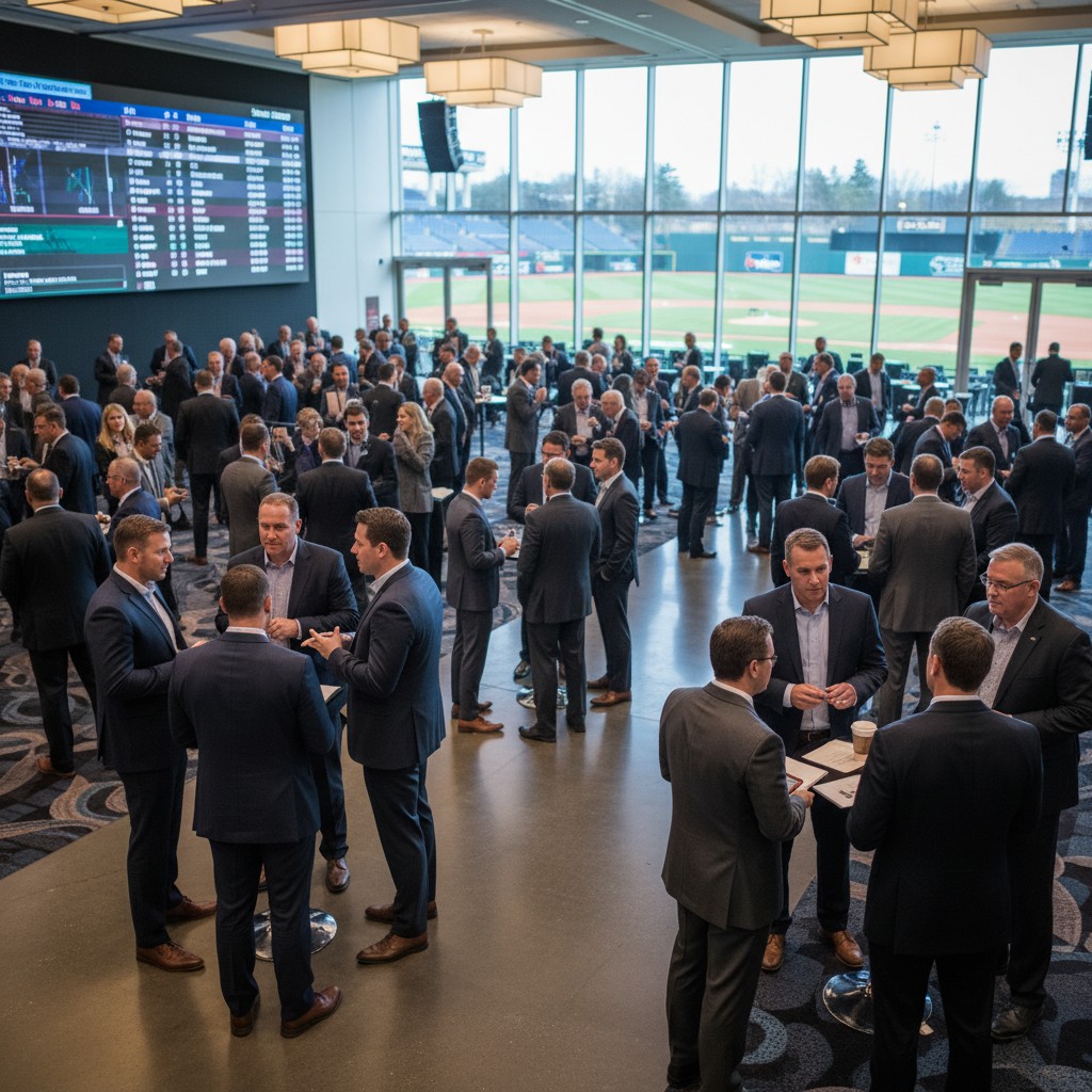 Baseball executives and agents discussing potential deals at the MLB Winter Meetings, with a focus on strategic negotiations.
