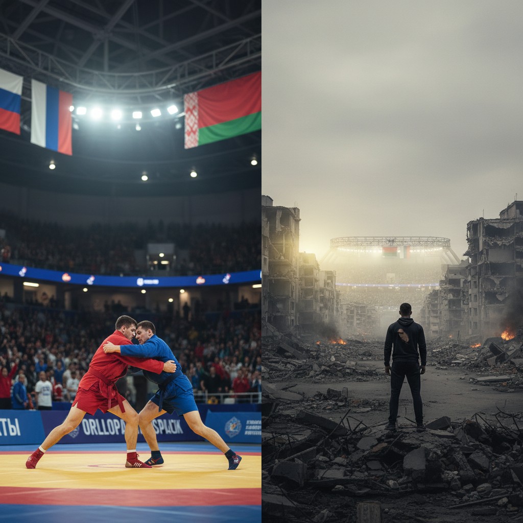 Contrasting image of a Sambo/Judo competition with national flags and a war-damaged landscape, symbolizing the debate over Russian athlete reinstatement.