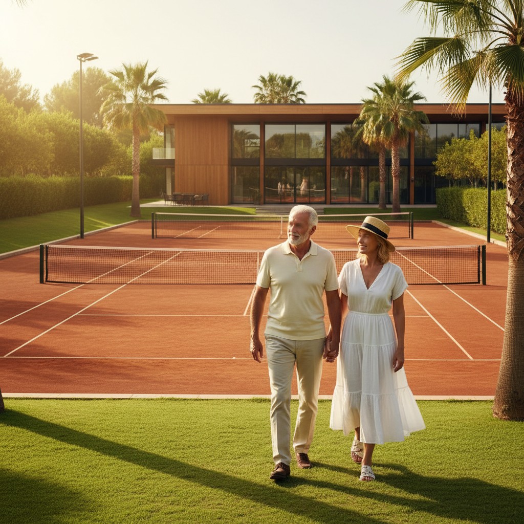 A couple representing a retired tennis legend and his wife walking in front of a modern tennis academy, symbolizing their combined success and future focus.