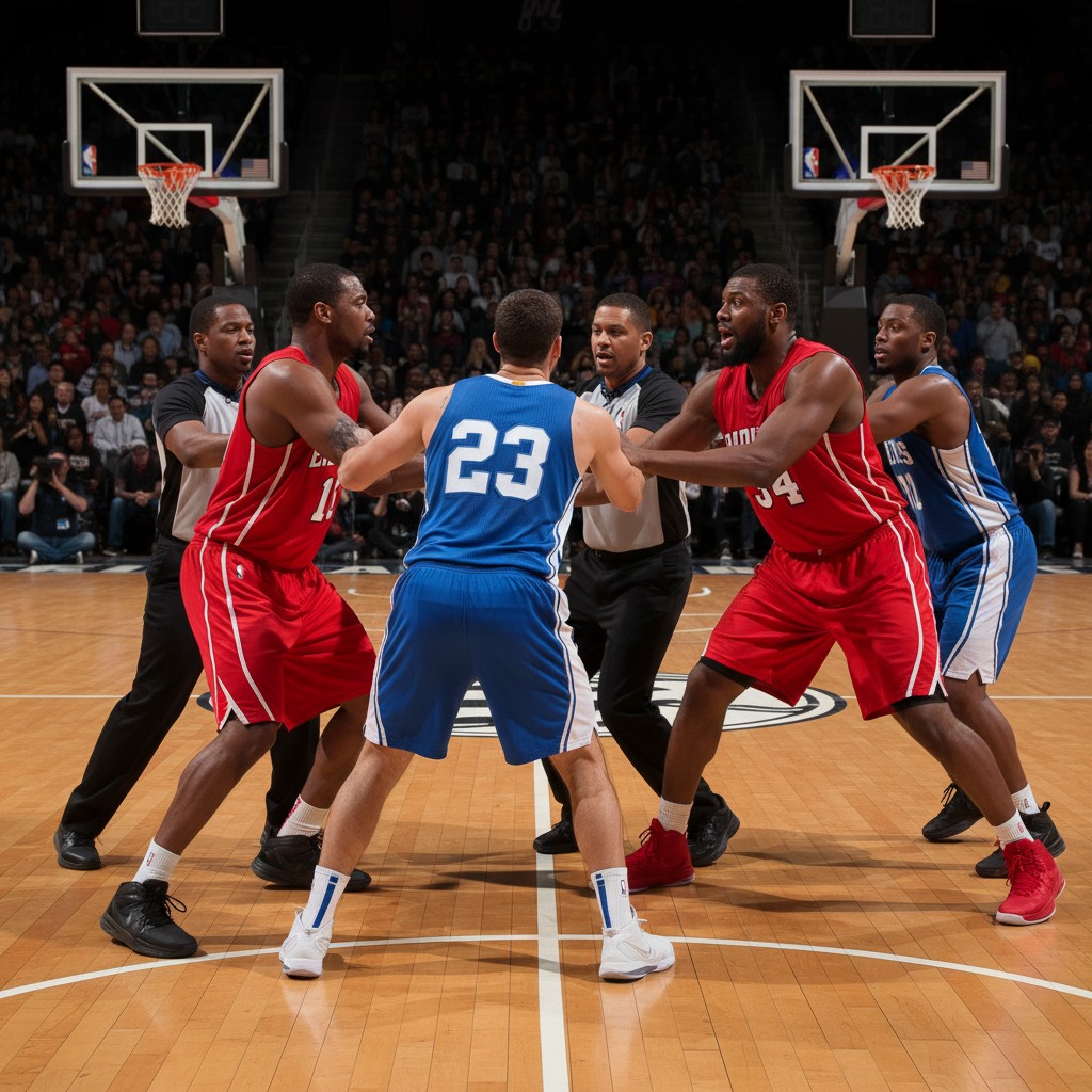 Basketball players being separated by teammates and a referee after an on-court altercation.