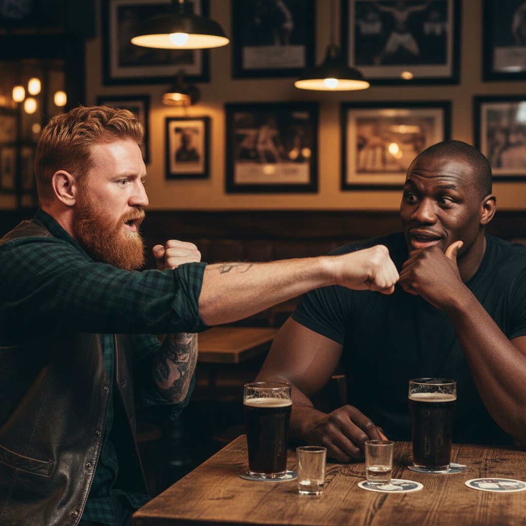 Conor McGregor animatedly showing boxing techniques to Mike Tyson during a memorable night out in a Dublin pub.