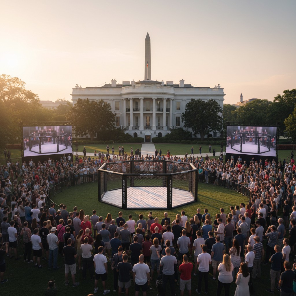 UFC Octagon set up on the South Lawn of the White House with a crowd gathered for a historic event.
