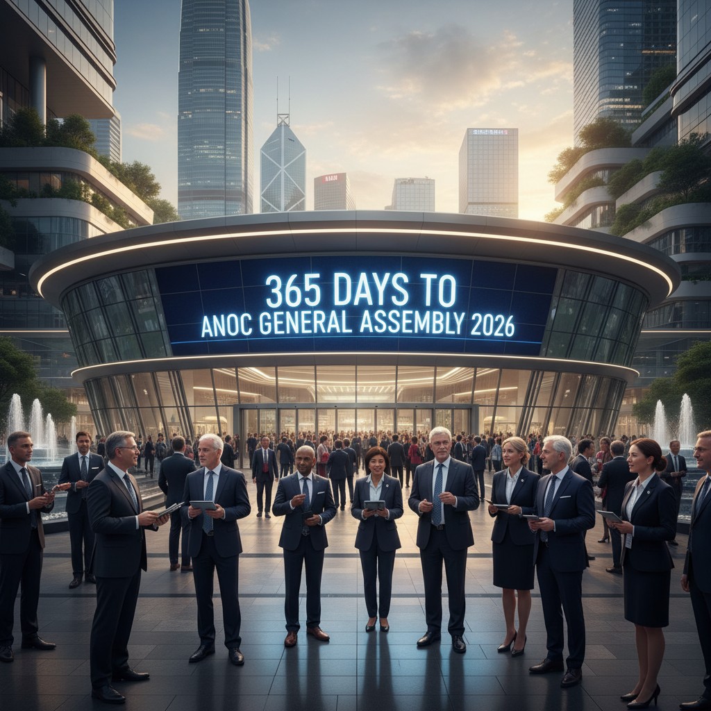 Hong Kong AsiaWorld-Expo entrance with a "one year to ANOC General Assembly" countdown display, reflecting anticipation.