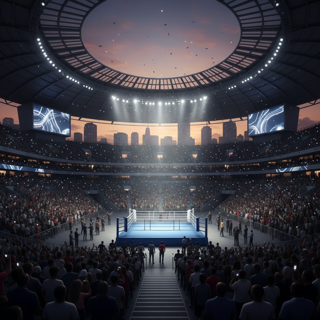 An empty boxing ring under bright lights in a packed, modern stadium in Africa, symbolizing the upcoming historic exhibition fight.