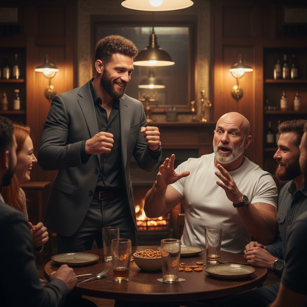 Conor McGregor demonstrating boxing moves to a visibly surprised Mike Tyson in a pub.