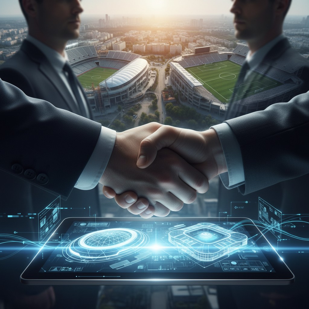 A handshake over a digital tablet, symbolizing Hogan Lovells' role in major sports business deals, with blurred stadium backgrounds.