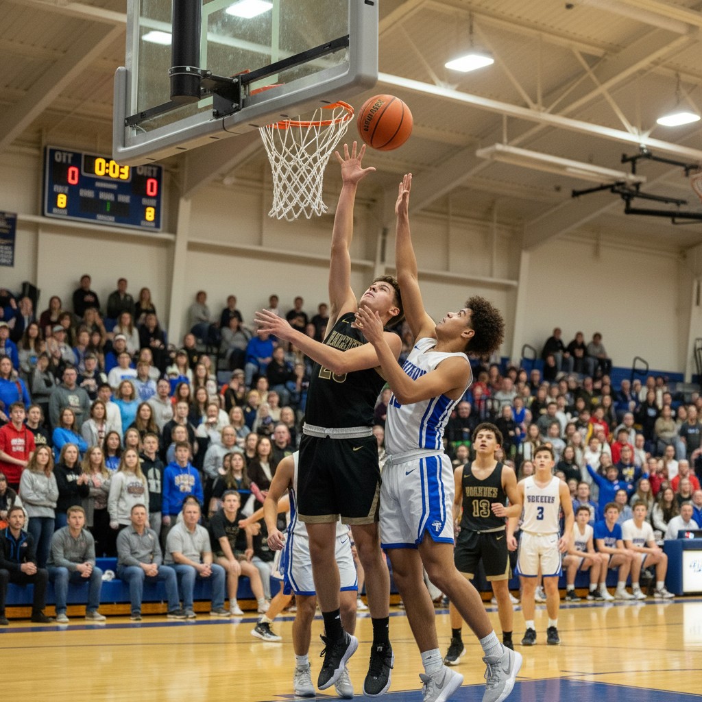 Basketball players from two opposing teams jump for a ball during an intense overtime game on a well-lit court.