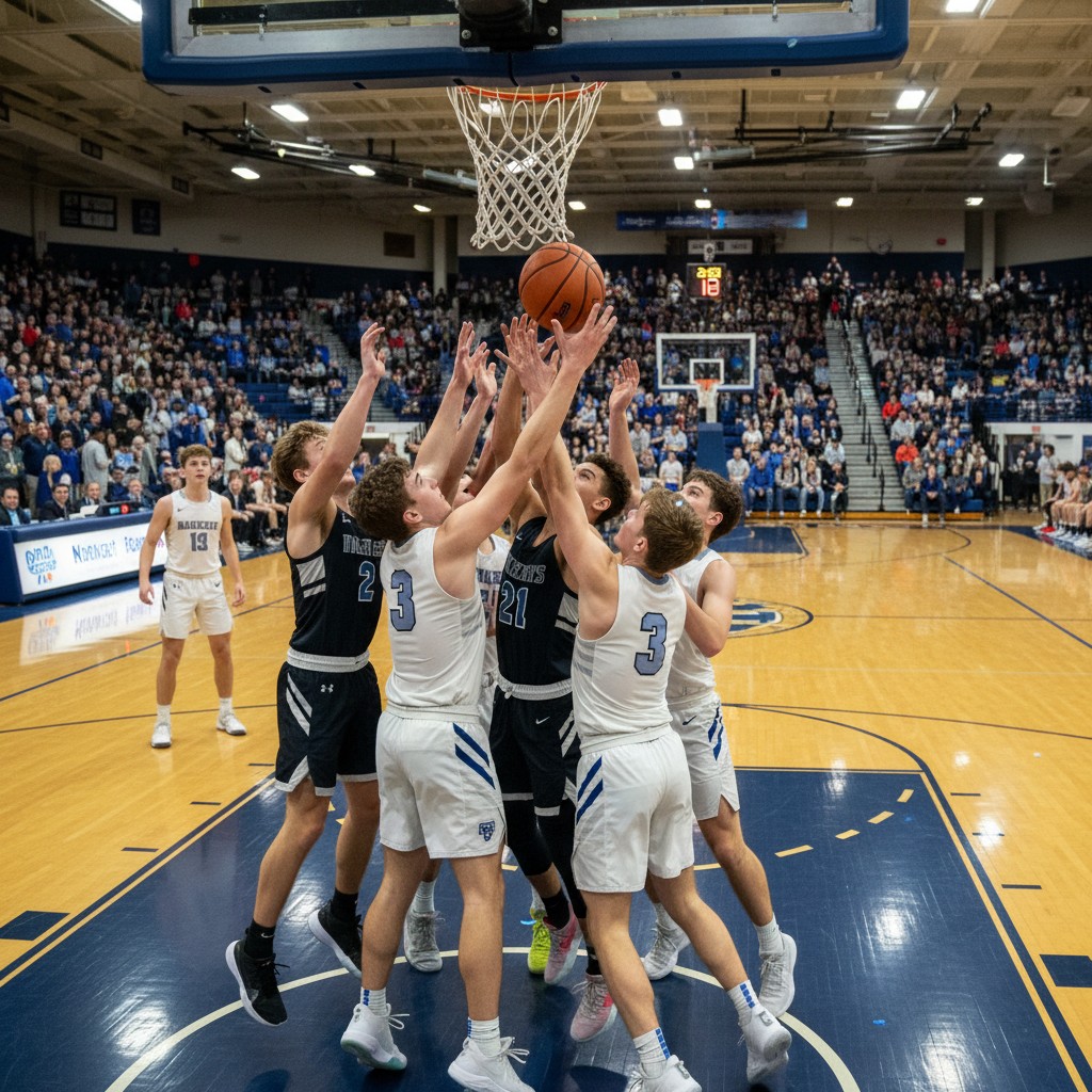 Basketball players jump for a rebound during an intense overtime game between two high school teams.
