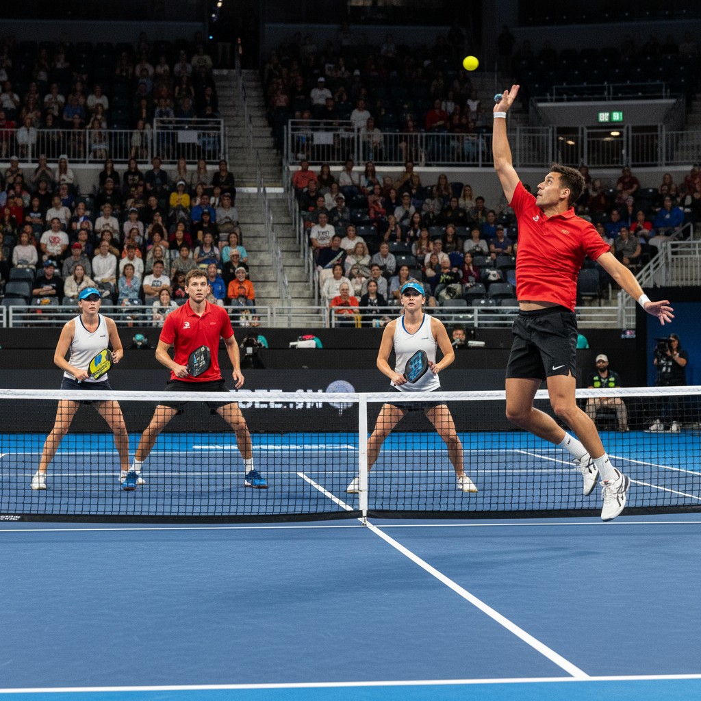 Pickleball players in action on a court during the IPBL championship, highlighting intense competition.