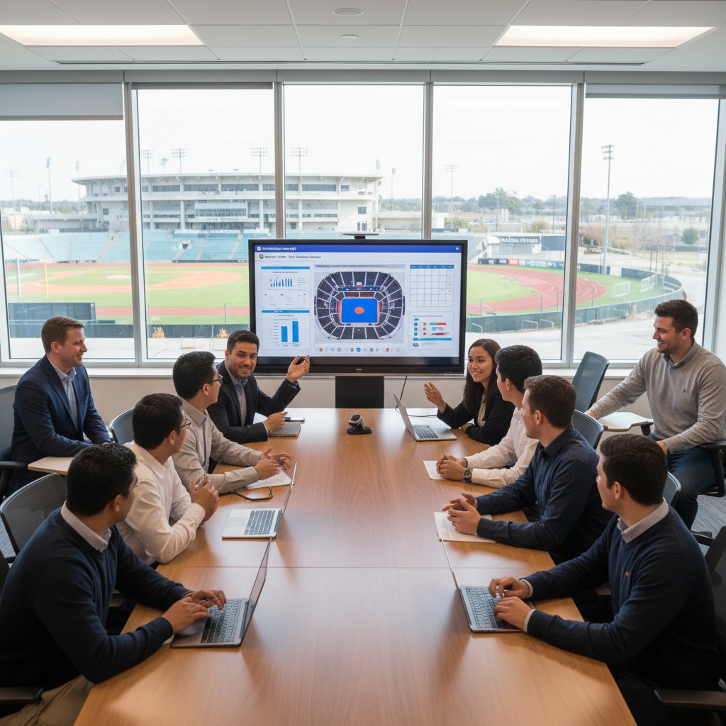 Students and faculty collaborate in a modern setting, symbolizing Ohio University's top-ranked sports administration program.