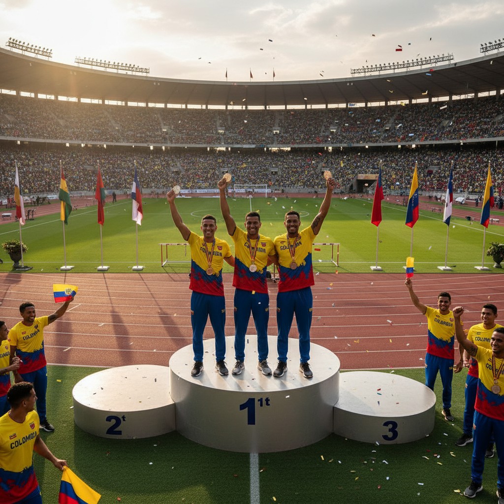 Colombian athletes celebrate their overall victory at the 2025 Bolivarian Games, displaying medals on a podium.