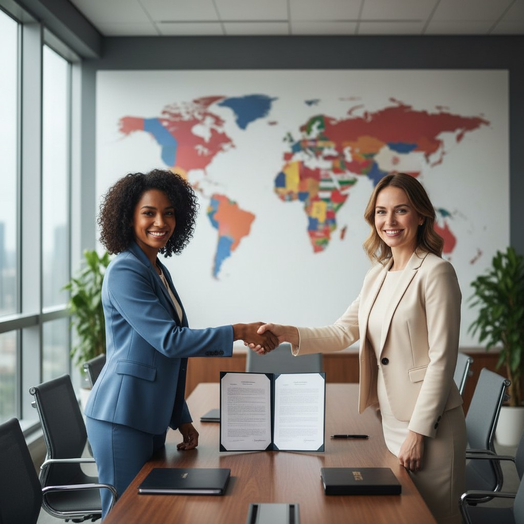 Two women, representing UN Women and IWG, shake hands after signing a partnership agreement for gender equality in sport.