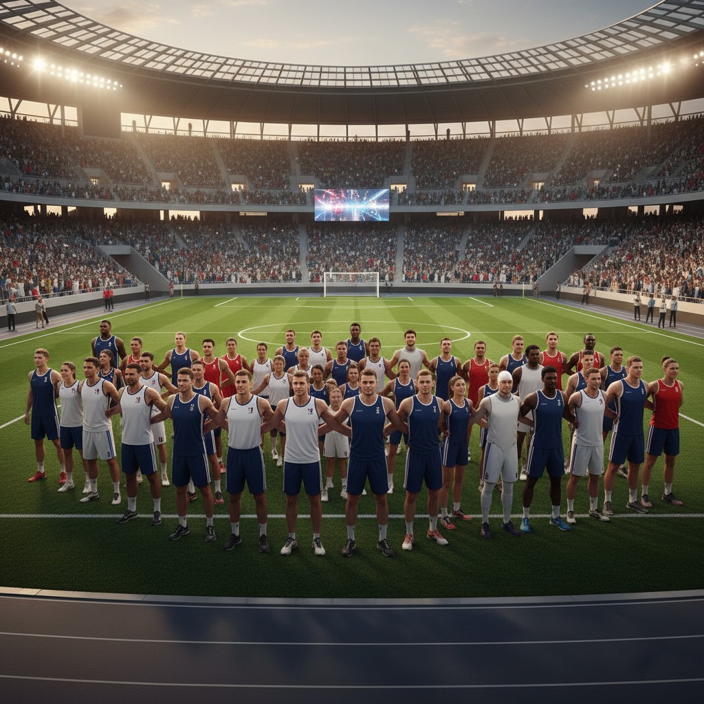 Athletes from diverse backgrounds stand united in a stadium, symbolizing global access and fair competition.