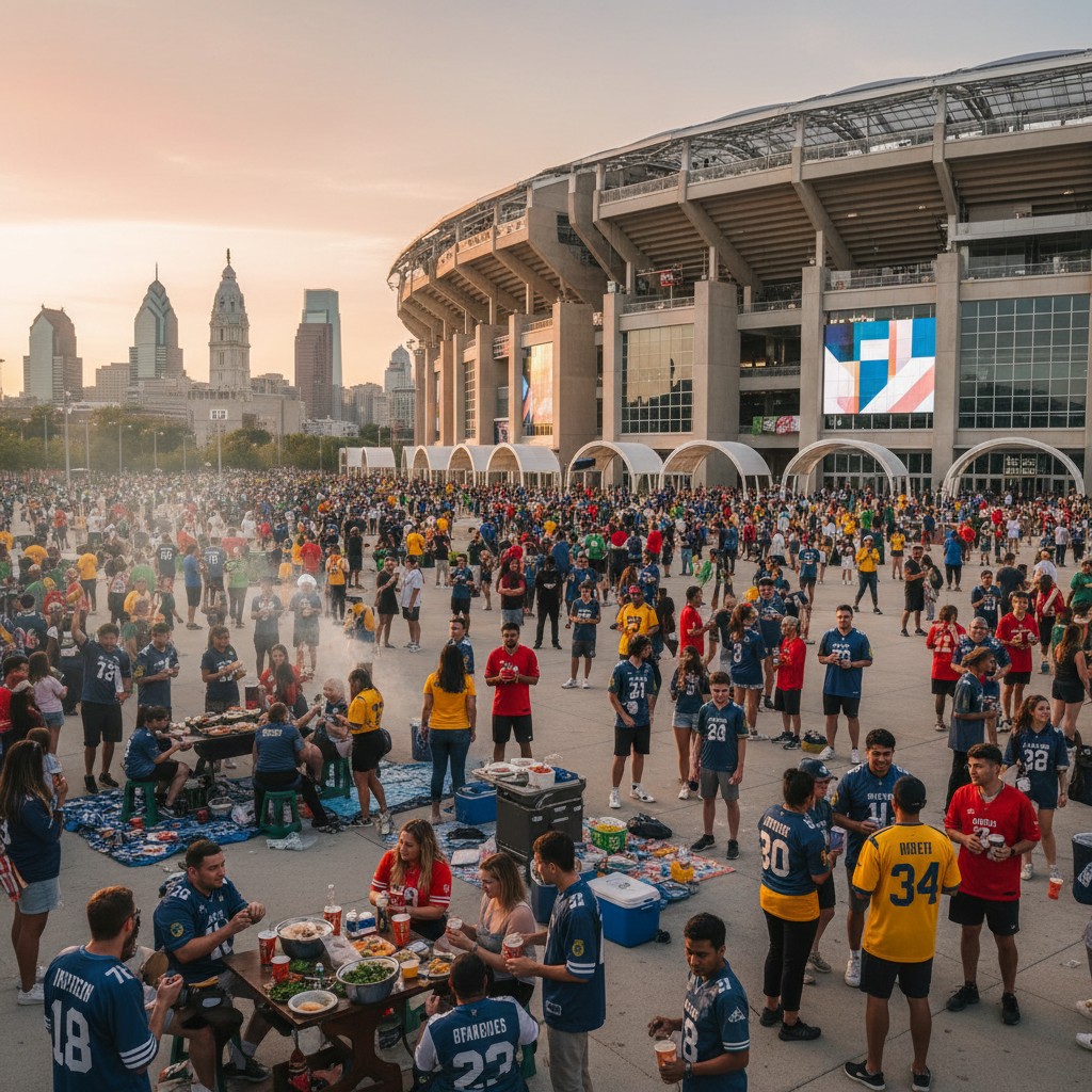 International sports fans gather outside a bustling Philadelphia stadium on game day, celebrating the city's vibrant sports culture.