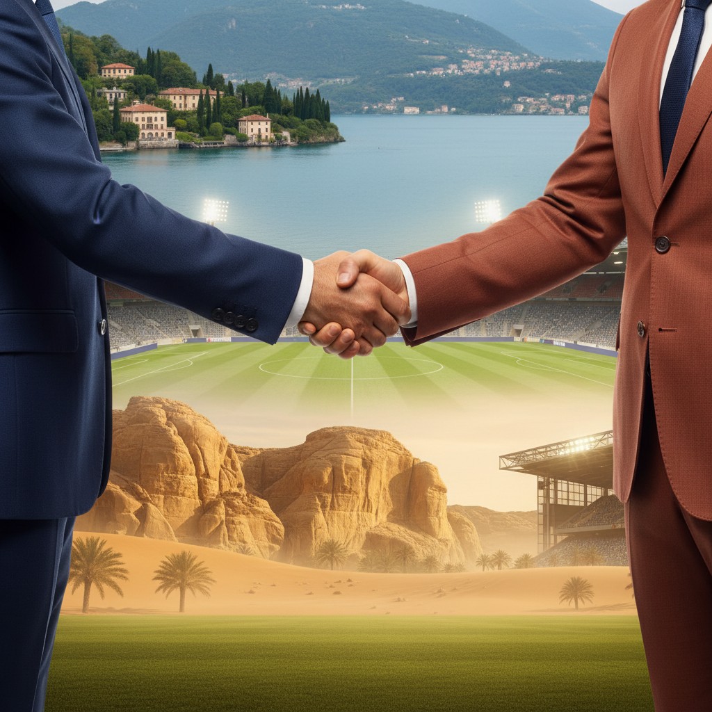 Two club representatives shaking hands, symbolizing a strategic partnership between an Italian and a Saudi football club.