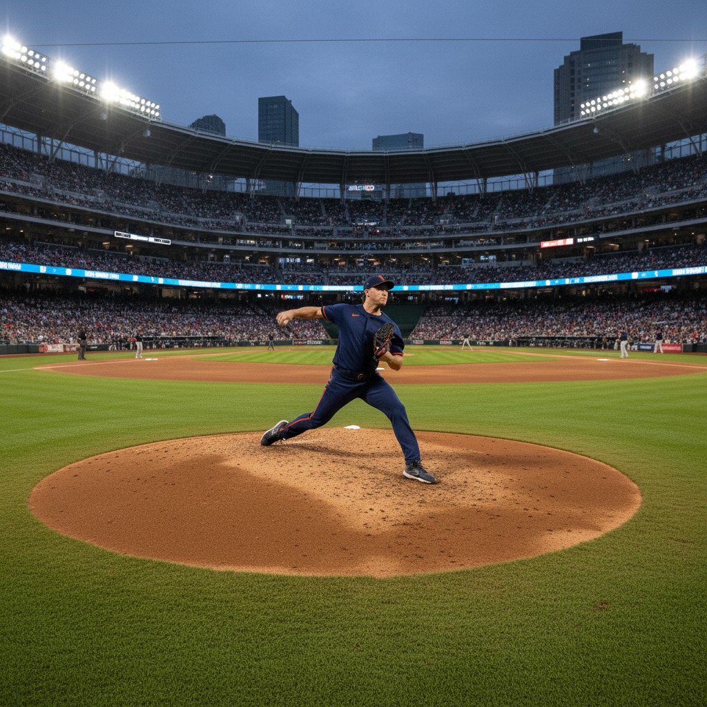 A left-handed pitcher on the mound in a baseball stadium, preparing to throw, with fans in the stands.
